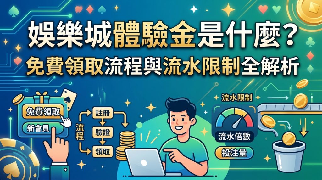 這張圖片是針對「娛樂城體驗金」的全面解析指南，提供SEO文章縮圖。 它說明了免費領取體驗金的流程以及流水限制的詳細解析。